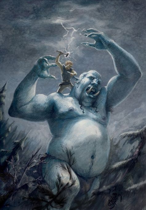 Jotunn- Norse myth: a race of "frost giants" that inhabit the realm Jötunheimr. they frequently have interaction with the Aesir of Asgard, some bad and some good. they are the descendants of one of the first beings Ymir. they are all connected to and influence nature. Viking Gods, Frost Giants, Frost Giant, Norse Gods, Myths & Monsters, Norse Myth, The Descendants, Viking Life, Norse Symbols