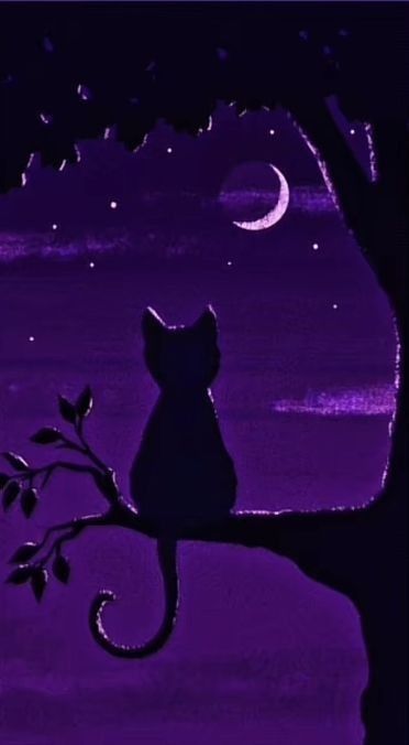 A Cat, The Moon, Acrylic Painting, Moon, Stars, Purple, Art