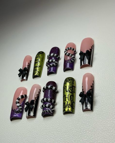 Beetlejuice beetlejuice beetlejuice 🪲🦇🖤 . . . #beetlejuicenails #3dmodeling #longnails💅 #nailtrend #beetlejuice #nailtechnician #pressonnails #squarenails #naildatebyd 3d Black And White, Beetlejuice Halloween, 3d Hand, Nails Fake, Purple Hands, Nail Cuticle, Press Ons, Pink Acrylics, Nail Technician