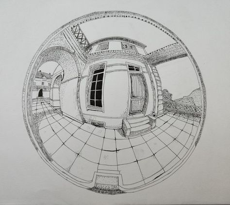 5 Point Perspective Drawing, Fisheye Perspective Drawing, Fisheye Sketch, 5 Point Perspective, Hole Drawing, 3d Sphere, Architecture Design Presentation, Perspective Sketch, Camera Drawing