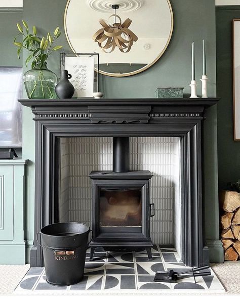 Indoor Fireplace Ideas, Wood Burner Fireplace, Log Burner Fireplace, Log Burner Living Room, Fireplace Tiles, Ski Condo, Victorian Living Room, Black Fireplace, Victorian Fireplace