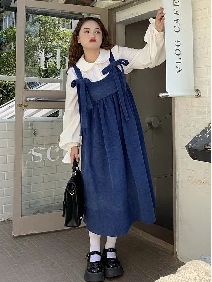 Plus Size Clay Blue Ocean Round Neckline Corduroy Overall Dress Overall Dress Hijab, Overall Dress Plus Size, Plus Size Korean Outfits, Blue Overall Dress, Overall Dress Outfit, Korean Plus Size Fashion, Overalls Dress, Modest Dresses Fashion, Fairycore Clothes