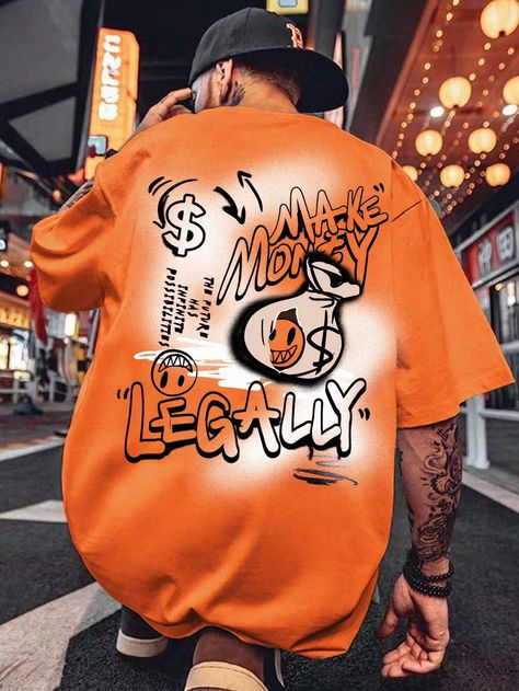 Orange Casual Collar Short Sleeve Knitted Fabric Cartoon,Slogan  Embellished Medium Stretch  Men Clothing Orange Tshirt Design Ideas, Funny Packaging, Men's Tshirt Design, Streetwear Tshirt Design, Streetwear Fashion Men, Free T Shirt Design, Creative T Shirt Design, Tshirt Printing Design, Tee Shirt Homme