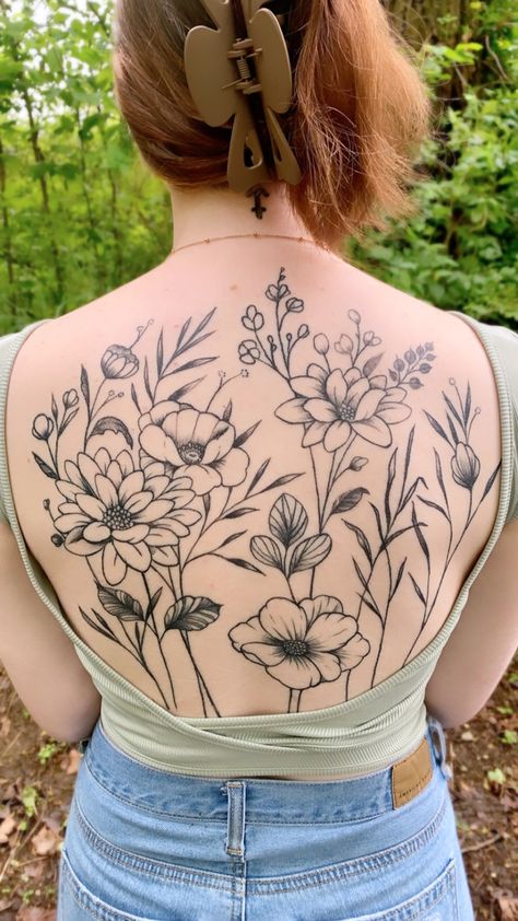 Womens Flower Back Tattoos, Flower Garden Tattoo Back, Plant Back Tattoos For Women, Flower Garden Back Tattoo, Botanical Back Tattoo Women, Full Back Tattoo Flowers, Garden Tattoo Back, Gardening Tattoos For Women, Flower Full Back Tattoo