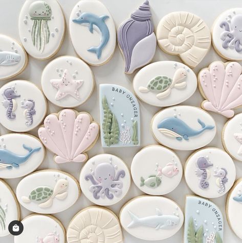 Seashell Cookies, Starfish Cookies, Whale Cookies, Turtle Baby Shower, Ocean Baby Showers, Beach Cookies, Ocean Birthday Party, Turtle Cookies, Sea Baby Shower