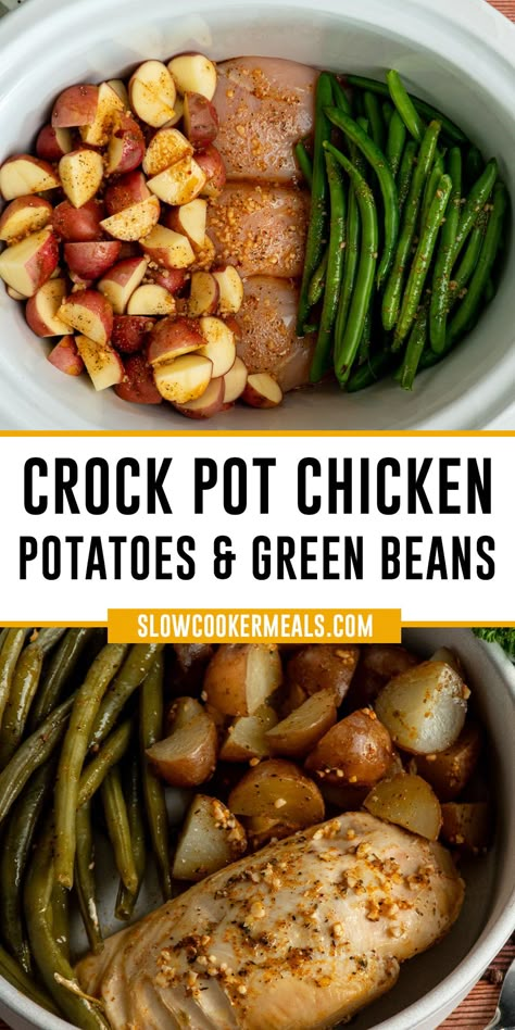 Overhead look at Crock pot chicken potatoes and green beans. Crockpot Chicken Green Beans And Potatoes, Chicken Green Beans Potatoes Crockpot, Easy Dinner Recipes For Family Healthy Crock Pot, Healthy Chicken Crock Pot Meals, Chicken And Vegetable Crockpot Recipes, Chicken Potato Green Beans Crockpot, Crock Pot Chicken Potatoes Green Beans, Chicken Vegetable Crockpot Recipes, Crockpot Recipes Chicken And Potatoes