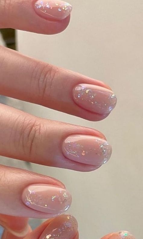 Small Nails Glitter, Glitter Detail Nails, Clear Nail Polish With Glitter, Short New Years Eve Nails, Clean Glitter Nails, Clear With Glitter Nails, Short Clear Glitter Nails, Clear Nails With Glitter Tips, Neutral Glitter Nails Short