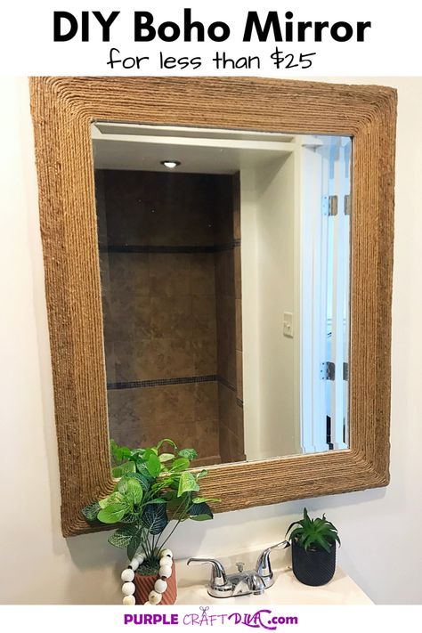 DIY Boho Mirror Boho Diy Mirror Frame, Upcycle Old Mirror Frame, Cork Mirror Frame Diy, Diy Boho Mirror Rectangle, Diy Boho Mirror Frame Square, Diy Mirror Upcycle, Mirror Makeover Diy Frames, Diy Rope Mirror Frame, Easy Diy Mirror Frame Ideas