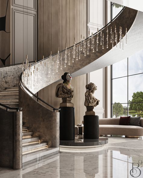 Foyer Minimalist, Entrance Foyer Design Entryway, Luxurious Stairs, Luxurious Entrance, Foyer Interior, Luxurious Staircase, Villa In Dubai, Stair Design Architecture, Luxury Stairs