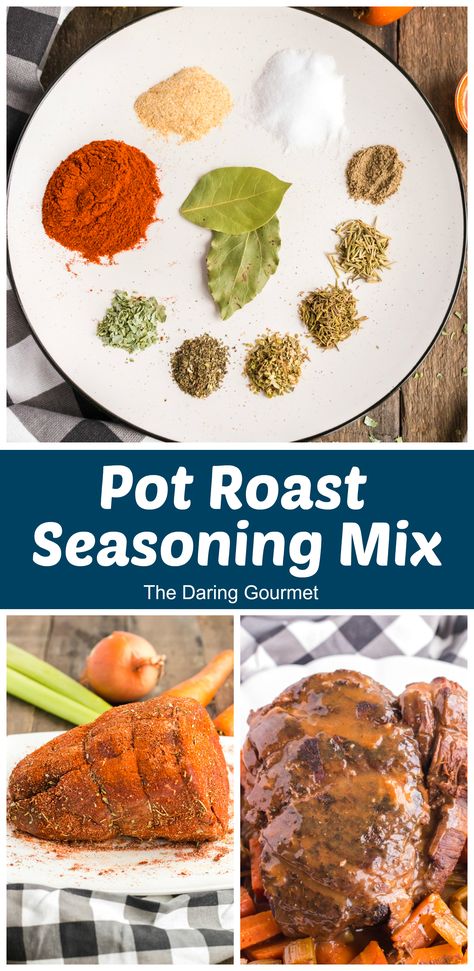 Savory, sweet, smoky and salty – these flavors describe this Pot Roast Seasoning that will make your next pot roast a total smash hit! Use it also with chicken, pork, veggies or as an all-purpose seasoning! Best Roast Seasoning, Pot Roast Marinade, Roast Seasoning Recipe, Roast Beef Seasoning, Roast Seasoning, Pork And Veggies, Daring Gourmet, Diy Seasonings, Pot Roast Seasoning