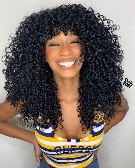 Long Curly Hair With Bangs Black Women, Afro Fringe, Long Curly Crochet Hair, Black Naturally Curly Hair, Curly Fringe, Curly Afro Hair, Curly Fro, Curly Hair Care Routine, Pageant Hair