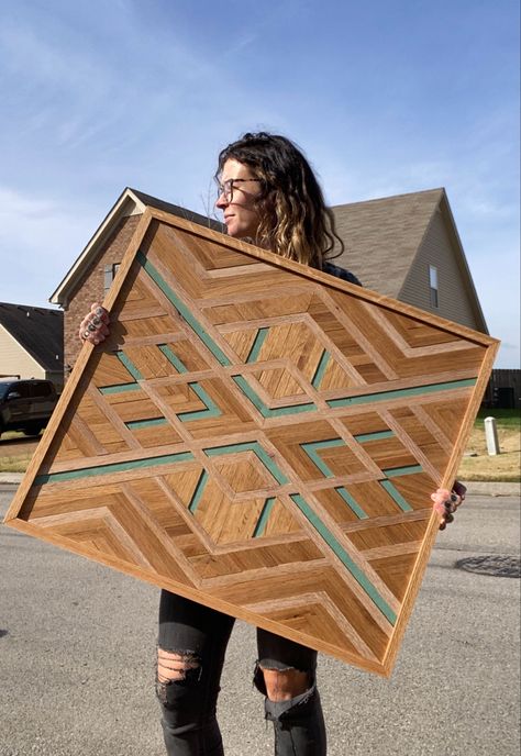 White oak mosaic with teal accents. Custom order Wood Mosaic Wall Art, Geometric Wood Art, Wood Art Design, Working With Wood, Stuff To Build, Teal Accents, Got Wood, Wood Mosaic, Handmade Projects