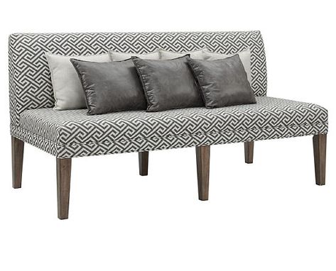 The Hayward Upholstered Dining Bench will look fantastic in your dining room! This bench adds a pop to your dining room thanks to its transitional print. This bench includes seven pillows total, instantly dressing up your dining room. Three of the pillows are covered in distressed, faux leather that matches the other seating options in the Hayward collection. The other four pillows are upholstered in a durable linen cover. This bench can sit up to three people comfortably thanks to the foam cush Settee Dining, Dinner Guests, Three Seat Sofa, Leather Pillow, Dining Benches, Cushion Seat, Chevron Print, Settee, Furniture Outlet Stores