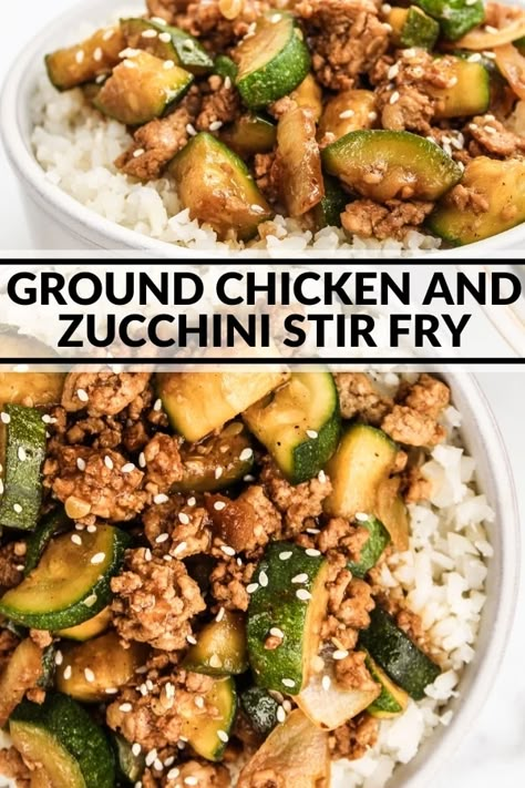 Ground chicken and zucchini simmer in an easy sauce for this tasty stir fry. You're less than 30 minutes away from dinner with this quick recipe! Spicy Ground Pork And Zucchini Stir Fry, E2m Meal Prep, Ground Beef Recipes Meal Prep Healthy, Meal Prep For The Week Ground Chicken, Ground Chicken Recipes Ww, Ghengis Grill Recipes, Ground Chicken And Zucchini Recipes Healthy, Ground Chicken And Shrimp Recipes, Ground Chicken Meals Easy Dinners