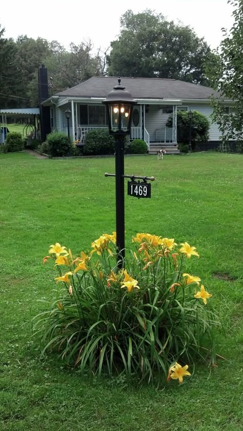 Address Plaque Gas Street Lamp Post Lamppost Landscaping, Light Post Landscaping, Front Yard Lighting, Street Lamp Post, Mailbox Landscaping, Garden Lamp Post, Simple Landscaping, Outdoor Walkway, Light Post