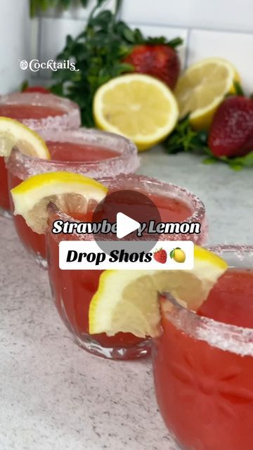 Strawberry Hennessy Lemon Drop, Lemon Drop Shots Recipe, Lemon Drop Recipe Drinks, Lemondrop Shot Recipe, Strawberry Lemon Drop, Strawberry Hennessy, Strawberry Shots, Lemon Drop Shots, Lemon Drops