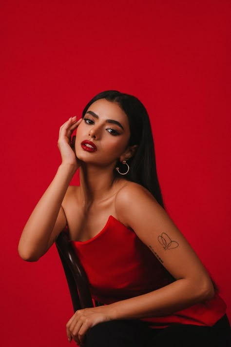 Hot Studio Photoshoot, Red Dress Shoot Photography, Bold Look Photoshoot, Red On Red Photoshoot, Bold Aesthetic Photography, Bold Poses For Photoshoot, High End Photoshoot, Red Dress Photoshoot Ideas Studio, Red Dress Studio Photoshoot