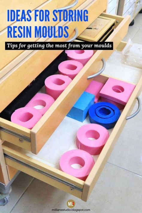 Craft storage is always challenging and resin craft is no different. Once you get a collection of resin moulds, storing them starts to become an issue. Get ideas for storing your moulds, and also tips for protecting them so that they don't get damaged. Lots of other great infor about silicone moulds and plastic moulds in this article. #MillLaneStudio #resinmolds #howtostoremolds #craftstorage #resincrafts Resin Craft Room Ideas, Resin Organization Ideas, Silicone Mold Organization, How To Store Resin Molds, Resin Craft Storage Ideas, Resin Craft Room Organization, Resin Craft Organization, How To Store Silicone Molds, Silicone Mold Storage Ideas