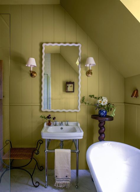 Projects — COAL Architecture & Interior Design Bathroom Inspiration Colorful, Colorful Vintage Bathroom, Wallpapered Bathrooms Ideas, Color Drench Bathroom, Chartreuse Bathroom, Fun Half Bathroom Ideas, 1920s House Interior Design, Small Bathroom Color Ideas, New England Bathroom