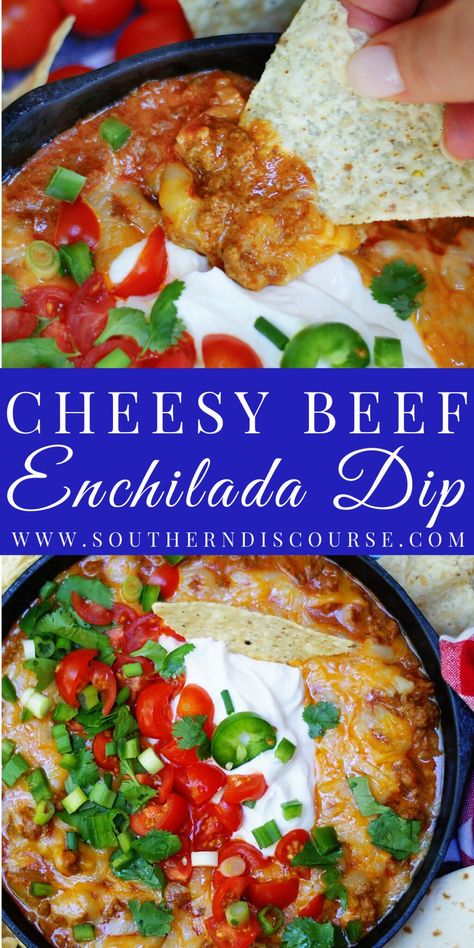 With Cheesy Beef Enchilada Dip, everything you love about your favorite plate of beef enchiladas becomes an addictive melty, cheesy dip just begging to be the next appetizer or snack at your next party, game day, cookout or family hang out! Beef Enchilada Dip, Southern Discourse, Easy Southern Recipes, Enchilada Dip, Best Southern Recipes, Southern Family, Beef Enchilada, Southern Cooking Recipes, Cheesy Dip