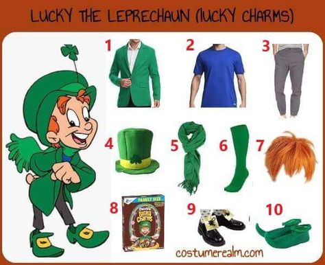 Lucky Charm Halloween Costume, Lucky Charms Halloween Costume, Lucky Charms Costume, Marshmallow Costume, Lucky Charms Leprechaun, Charmed Costumes, Group Costume Ideas, Lucky The Leprechaun, Leprechaun Costume