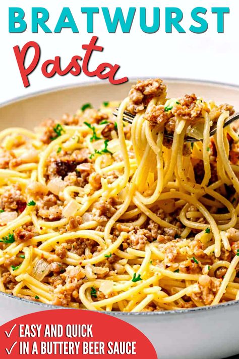 Bratwurst And Pasta Recipes, Brats Pasta Recipes, Bratwurst Pasta Dinner Ideas, Pasta With Bratwurst, Bratwurst Pasta Recipes, Brat Pasta, Beer Pasta, German Pasta, Brats Recipes