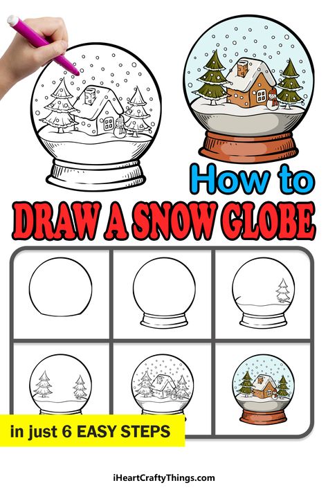 How To Draw Winter Things, How To Draw Winter, How To Draw A Snow Globe, Winter Drawings Easy For Kids, How To Draw A Snowglobe, Snowglobe Art For Kids, Step By Step Christmas Drawings, Snow Globe Drawing Ideas, Christmas Guided Drawing