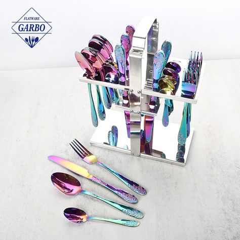 Factory Embossed Flower Handle PVD Purple Cutlery Set with Shelf Purple Utensils, Colorful Cutlery, Purple Silverware, Silverware Set With Chopsticks, Hammer Handles, Color Mirror, Spoon Fork, Stainless Steel Cutlery, Polka Dot Design