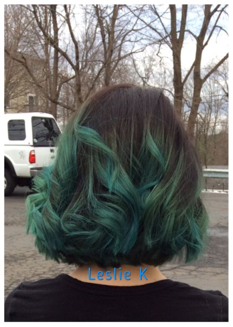 Brown To Teal Hair, Color Block Green Hair, Green Blue Hair Dye, Brown Hair With Green Tips, Teal Hair Short, Forest Green Hair Dark, Green Highlights In Black Hair, Green Tips Hair, Emerald Green Highlights