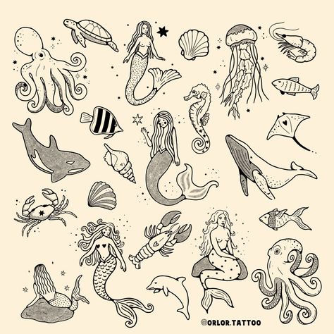 Flash Tattoo Sheet, Seal Tattoo, Tiny Tats, Tattoo Sheet, Cute Tats, Ocean Tattoos, Daily Sketch, Flash Sheet, Tattoo Flash Sheet