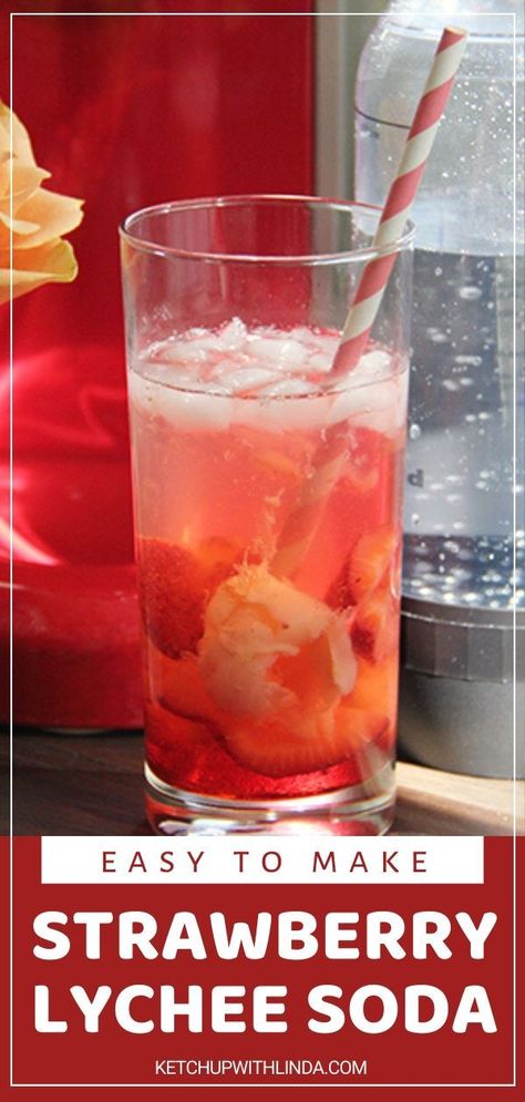 Celebrate with this Strawberry Lychee Soda! This recipe is incredibly easy to make for a party. Simply combine strawberry, lychee, strawberry syrup, and sparkling beverage for the perfect fizzy non-alcoholic drink a crowd will enjoy! Pin this for later! Lychee Recipes, Lychee Soda, Cold Drinks Recipes, Frozen Drink Recipes, Frozen Cocktail Recipes, Soda Drink, Easy Cocktail, Refreshing Summer Drinks, Easy Drink Recipes