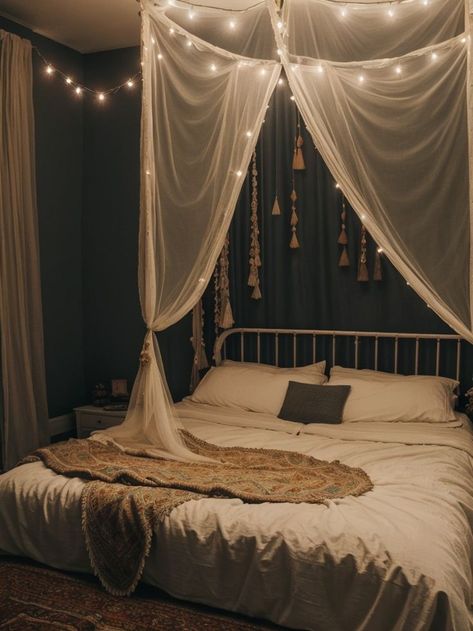 Tapestry Bedroom Ceiling, Hanging A Tapestry, Sloped Ceiling Bedroom, Hanging Drapes, Apartment Vibes, Tapestry Bedding, Tapestry Bedroom, Above Bed Decor, Bed Canopy