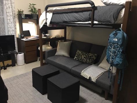 Dorm Room Lofted Bed, Bed With Couch, Modern Dorm Room, Small Room Setup, Lofted Dorm Beds, Lofted Bed, Male Bedroom, Simple Apartment, Male Bedroom Ideas