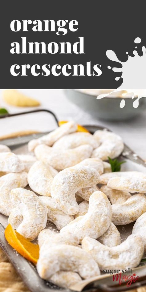 A pile of crescent cookies dusted with icing sugar. Almond Crescent Cookies, Soft Ginger Cookies, Crescent Cookies, Christmas Cookbook, Cranberry Pistachio, Roll Cookies, Cookie Calories, Magic Recipe, Easy Italian