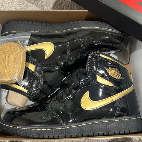 Parent Leather Jordan 1 In Black And Gold. Comes With Gold Laces (Unused). Sneakers In Perfect Condition. Worn Once Only. Black And Gold Jordans, Jordan 11 Red, Jordan 1 Mid Women, Jordan 3s, Jordan Retro 7, Jordan 4 Black, Jordan Retro 6, Jordan 9 Retro, Gold Sneakers