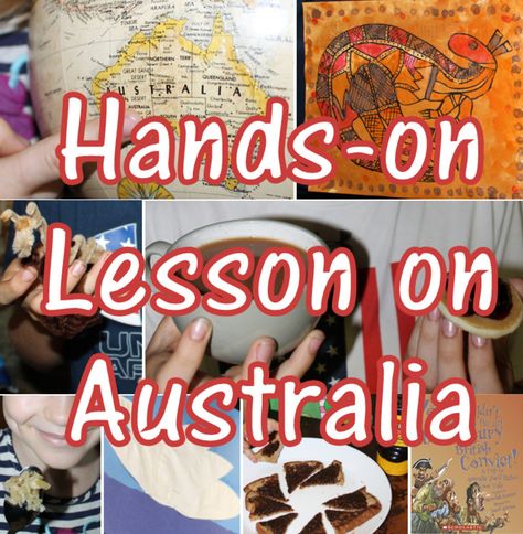 Australia Hands-on Lesson Plan for Kids including geography, art, animals, food, Aboriginal people, James Cook, & more. Paint Aboriginal dot art, taste Vegemite and other Australian foods, create Australian animal crafts, host a tea time, & more! Children's books and Youtube videos are included! Australia For Preschoolers, Australia Food For Kids, Australian Activities For Kids, Australia Unit Study For Kids, Australia Projects For Kids, Australia Art Projects For Kids, Australia Activities For Kids, Australian Crafts For Kids, Australia Kids Crafts