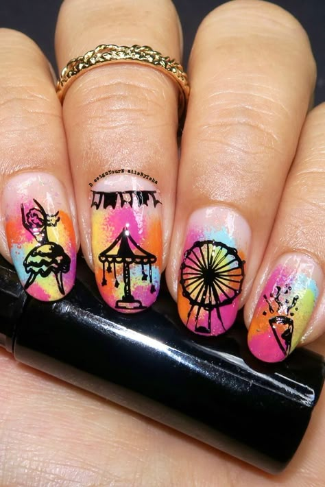 Circus Theme Nails | Carnival nail art | amusement park inspired nails | nail art for kids | colourful nails Ferris Wheel Nails, Fair Themed Nails, Carnival Theme Nails, Amusement Park Nails, Carnival Nail Art, Theme Park Nails, Circus Theme Nails, Circus Nails Designs, Carnival Nails Designs