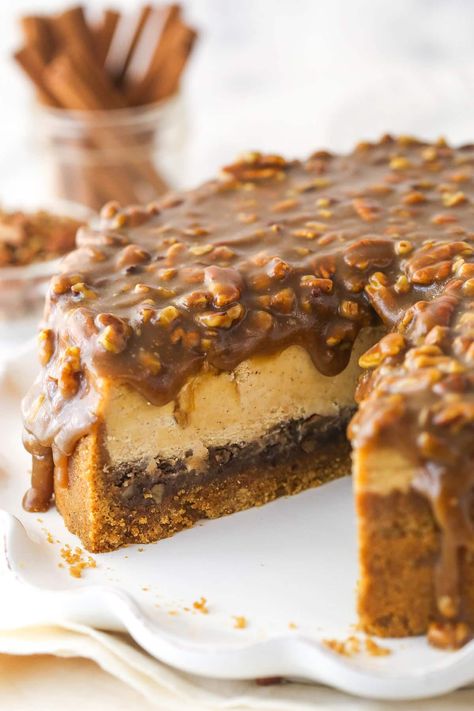 Pecan pie and cheesecake together? I'm in! This pecan pie cheesecake combines all of the goodness of classic pecan pie with a smooth, creamy cinnamon cheesecake filling. It's perfect for the holidays. Cinnamon Cheesecake, Pecan Pie Cheesecake, Pie Cheesecake, Cheesecake Desserts, A Piece Of Cake, Piece Of Cake, Pecan Pie, Eat Dessert, Sweets Treats