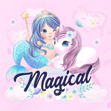 Cute unicorn and mermaid | Premium Vector #Freepik #vector #baby #children #girl #character Illustrated Invitations, Unicorn Wallpaper Cute, Unicorns And Mermaids, Unicorn Wallpaper, Girl Character, Cute Mermaid, Boy Character, Mermaid Coloring, Painting Of Girl