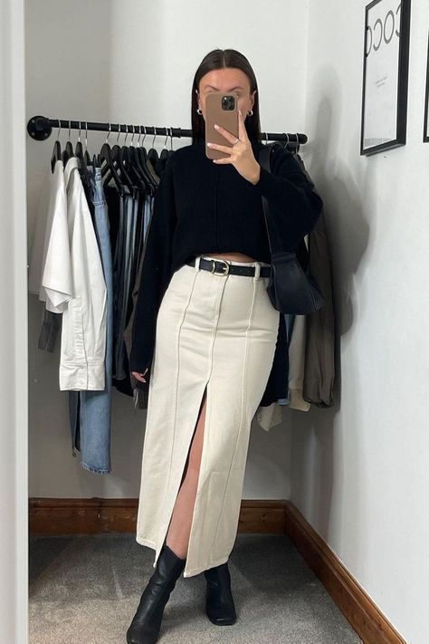 Cream Denim Maxi Skirt, Beige Jeans Skirt Outfit, Beige Jean Skirt Outfit, Cream Denim Maxi Skirt Outfit, White Denim Skirt Outfit Winter, Beige Denim Skirt Outfit, Cream Denim Skirt Outfit, Cream Maxi Skirt Outfit, Cream Skirt Outfit