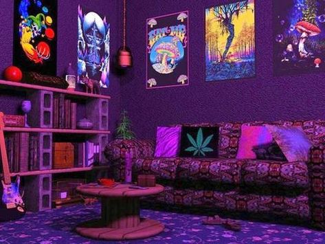 Sesh Room, Blacklight Room, Black Light Room, Aesthetic Trippy, Hippy Bedroom, Hippie Bedroom Decor, Trippy Room, Hangout Room, Hippie Bedroom