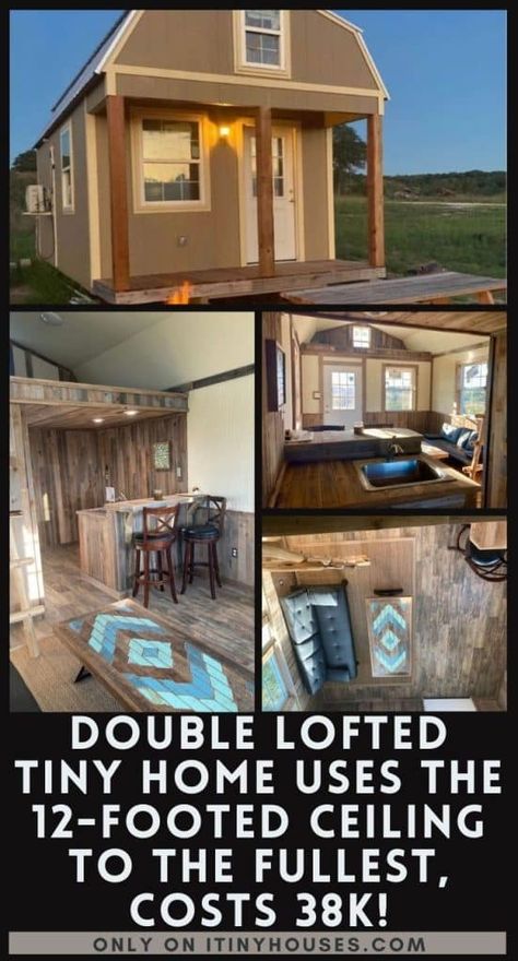 Double Lofted Tiny Home Uses The 12' Ceiling To The Fullest 12 X 36 Tiny House, 16x28 Tiny House Floor Plans, 12x 32 Tiny House, 16x30 Tiny House Floor Plans, Tiny Home Loft Ideas, Tiny Shed Homes Interiors, Shed Loft Bedroom Ideas, Tiny House With Loft Floor Plans, 12x24 Shed House Interior