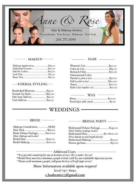 Hair stylist makeup artist brochure Makeup Pricing List, Bridal Makeup Price List Ideas, Makeup Price List Ideas Freelance, Makeup Artist Policy, Makeup Artist Bridal Packages, Bridal Makeup Package Ideas, Makeup Price List Ideas, Artist Brochure, Makeup Artist Price List