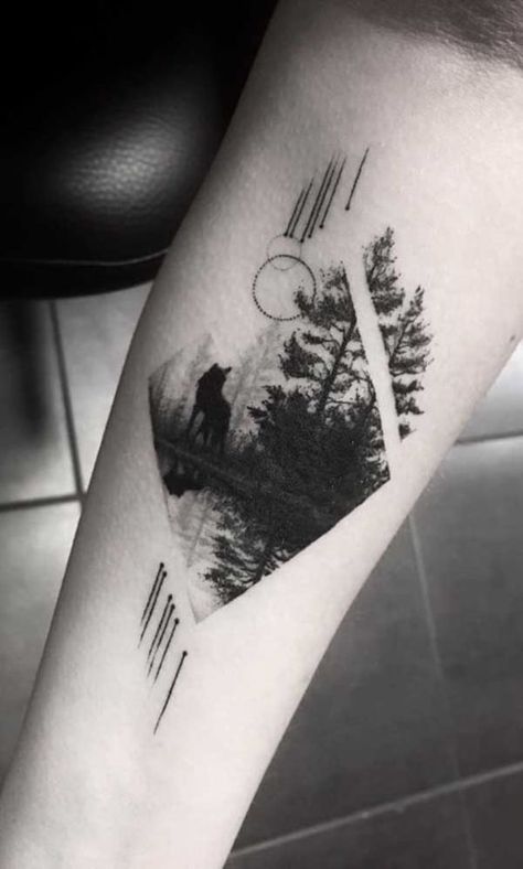 Gray-Scale Woodland Geometric Wolf Tattoo Ideas with Reflection Geometric Wolf Tattoo, Unique Tattoos For Men, Nature Tattoo Sleeve, Soul Tattoo, Geometric Wolf, Single Needle Tattoo, Wolf Tattoos, Wolf Tattoo, Dark Tattoo