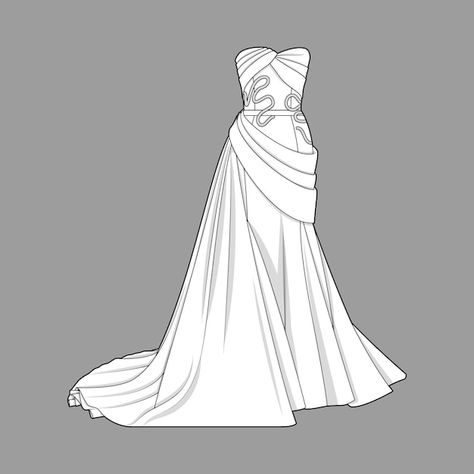 Vector satin drapped gown | Premium Vector #Freepik #vector #detail #flat #art #fashionable Gown Flat Sketch, Unique Dress Design, Fashion Draping, Gown Drawing, Draw Fashion, Flat Art, Flat Drawings, Flat Sketches, Unique Dress