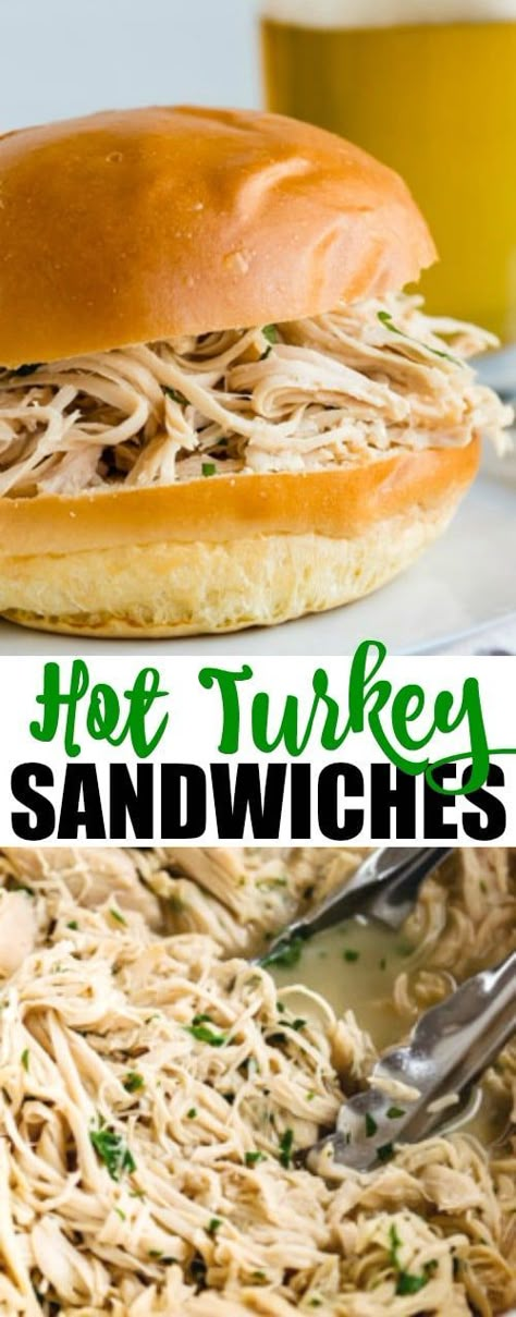 These slow cooker Hot Turkey Sandwiches start with a can of beer and end with a stick of butter. So great for your next party! Or serve the shredded turkey for a fuss-free, delicious holiday meal any time of year. #turkeysandwiches #dinner Shredded Turkey Sandwiches, Pulled Turkey Sandwiches, Pulled Turkey, Shredded Turkey Recipes, Hot Turkey Sandwiches, Turkey Sandwiches Recipes, Can Of Beer, Slow Cooker Turkey Breast, Shredded Turkey