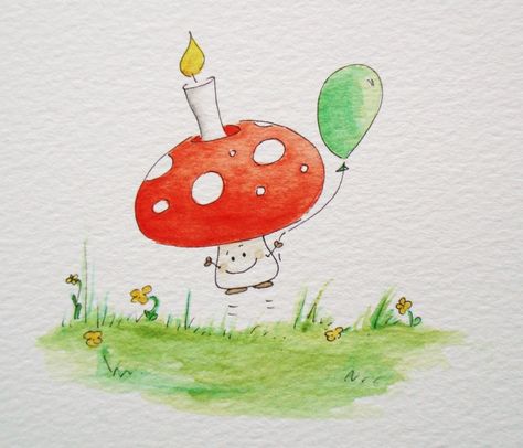 Birthday Mushroom Birthday Mushroom, Mushroom Illustration, Candle Drawing, Happy Birthday Cards Diy, Watercolor Birthday Cards, Watercolor Birthday, Diy Envelope, First Birthday Themes, Bday Cards