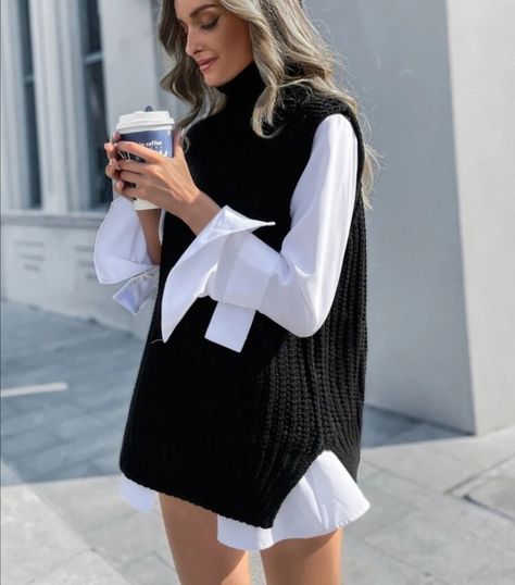 Black Vest Outfit, Turtleneck Sweater Outfit, Lavender Pants, Sweater Vest Outfit, Sleeveless Turtleneck Sweaters, Vest Outfit, Sleeveless Sweater Vest, Sweater Vests, Tank Top Outfits