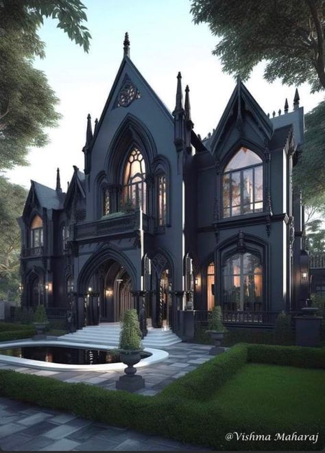 Gothic Black House, Black Castle House, Black Gothic House Exterior, Gothic Style House Exterior, Modern Gothic House Exterior, Modern Gothic Home Exterior, Black Mansion Exterior, Goth Home Exterior, Gothic Victorian Interior Design