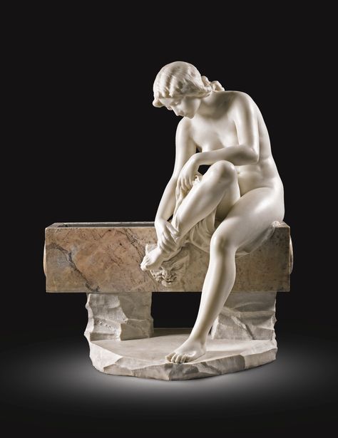 RICCARDO AURILI BORN 1854 ITALIAN FLOWER BASIN WITH A NUDE DRYING HER FOOT signed: Profe R Aurili on the basin and inscribed: Eseguita sotto la direzione del Prof: R. Romanelli white marble and mottled lilac and white marble basin, with lead lining 83.5 by 70 by 46cm., 32 7/8  by 27 1/2  by 18 1/ 8 in. White Statue, Art Parisien, Classic Sculpture, European Sculpture, Greek Sculpture, European Paintings, Marble Statues, Marble Sculpture, Classical Art